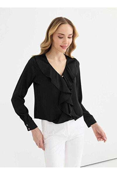 Selen V Yaka Düz Siyah Kadın Bluz 26YSL8408
