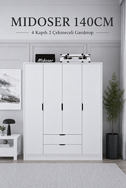 midoser 140 Cm Mat Beyaz 4 Kapılı 2 Çekmeceli Elbise Dolabı - Gardırop