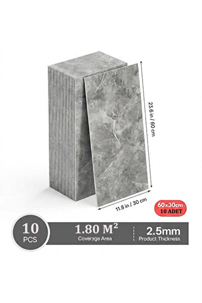 BienHome 10 Adet, 30x60 cm Açık Gri Mermer Desen Yapışkanlı Karavan Prefabrik...