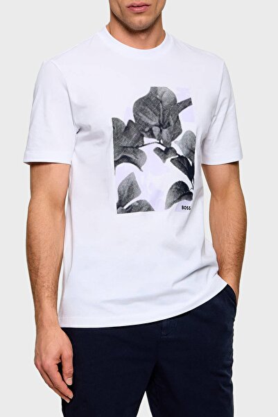 BOSS Erkek Desenli Bisiklet Yaka Kısa Kol Beyaz T-Shirt