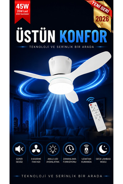 Goes Modern Led Işıklı Tavan Vantilatörü 3 Renk Işık 3 Kademe Hız Sessiz Beya...