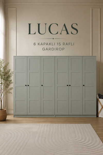 midoser Lucas 6 Kapaklı,15 Raf Bölmeli Yüklük & Askılıklı Elbise Dolabı-Gardı...