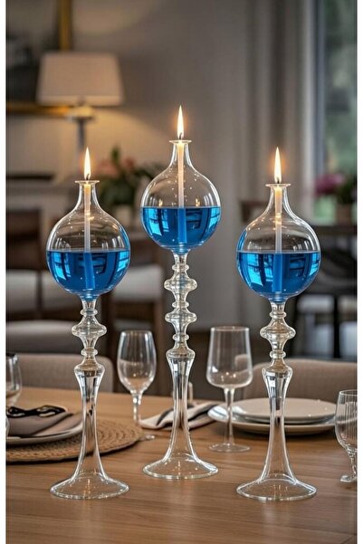 Shabbo Glass Ayaklı Drops Düğmeli Şamdan Cam Kandil 3'lü Set Kandil Yağı Ikili