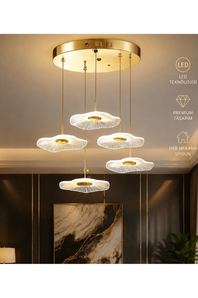 burenze Luxury Exclusive Beşli Yuvarlak Sarkıt Led Avize Jellyfish Gold Sarı ...