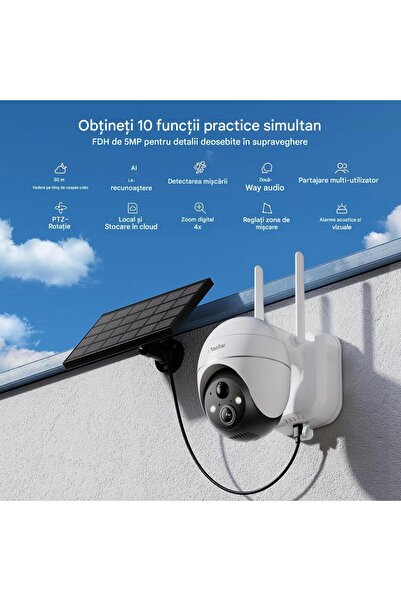 Geek Cameră de supraveghere exterioară ieGeek 4G 5MP, cu baterie, PTZ, Wi-Fi, cu panou solar, senzor de mișcare PIR, viziune nocturnă colorată de 30 m, audio bidirecțional, sim incorporat inclus
