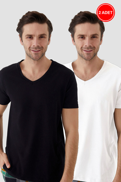 koza iç giyim Men's Cotton V-Neck Short Sleeve T-Shirt 2 Pcs
