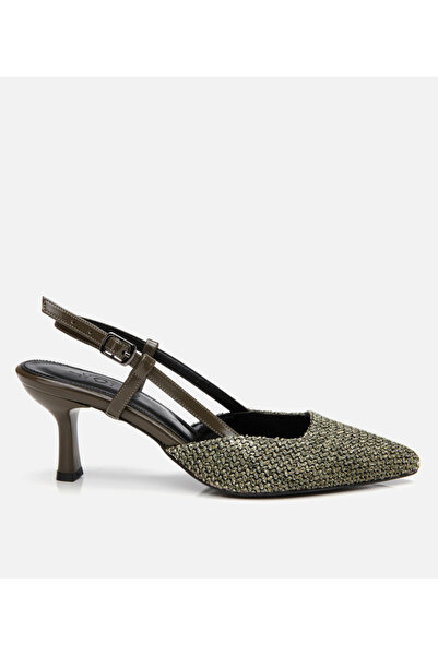 Hotiç Women's Khaki Straw Detailed Open Back Heeled Shoes