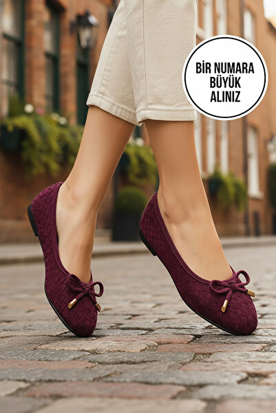 CEYDA SHOES Suede Knitted Bow Detail Comfortable Women's Ballet Flats