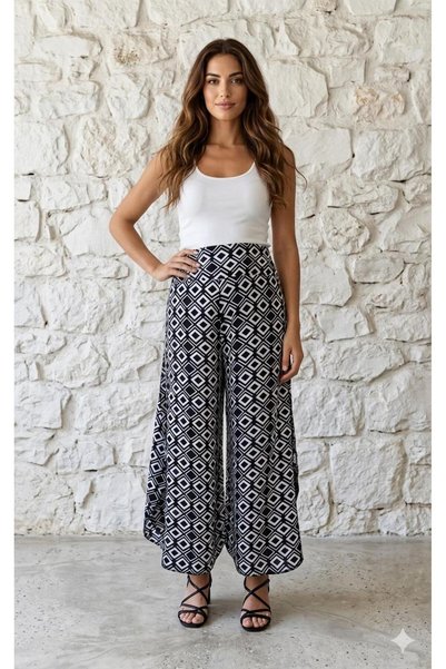 520CK Women's Black and White Geometric Patterned Ruffled Wide Leg Pants / Bohemian Pants