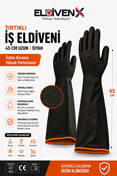 Medicalx Korun Tırtıklı 45 cm Uzun Siyah İş Eldiveni / 1 ÇİFT