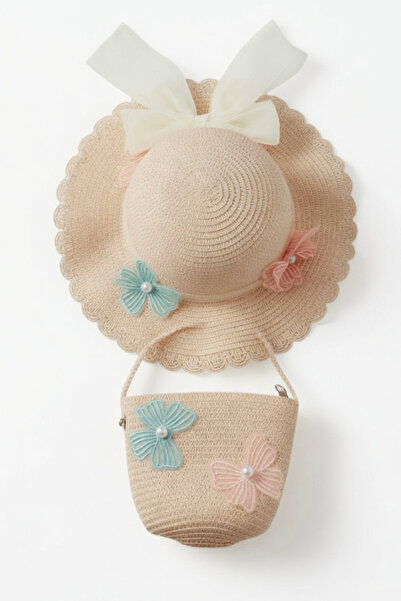 Mollycrush Gift Girl's Pearl Detailed Bowknot Beige Hat and Bag Set |   Summe...