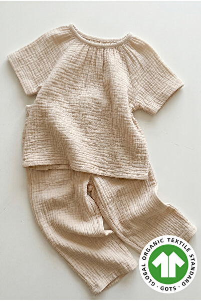 Cotton Trips %100 Pamuk Müslin Palazzo Pantolon Dökümlü Bluz Takım 2-7 Yaş Ekru
