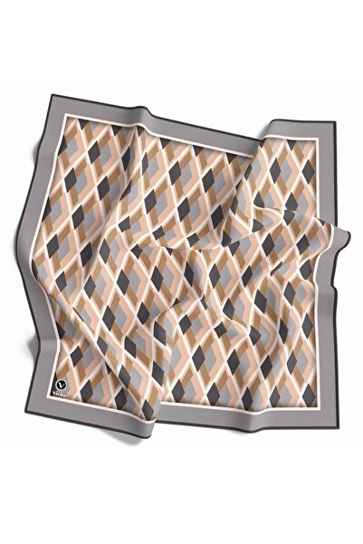 VİOLLA Kristal Geometrik Desenli Gri - Bej Renkli 90x90 Eşarp (İpek İçermez) ...