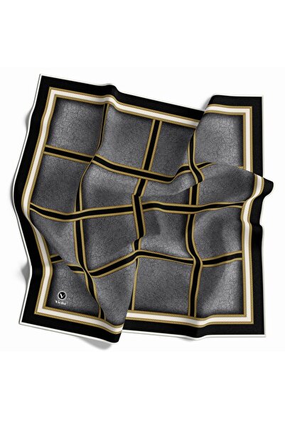 VİOLLA Kristal Taş Efektli Gold Şerit Desenli Gri Renkli 90x90 Eşarp (İpek İç...