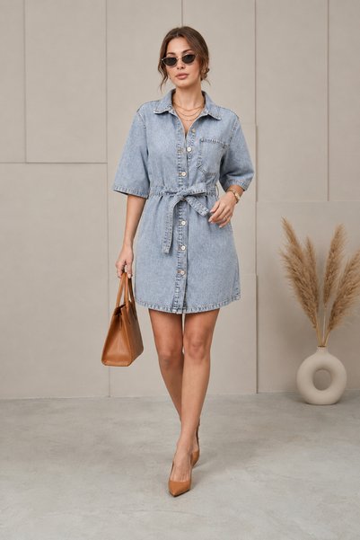 Vovikon Kn Belted Jeans Single Pocket Denim Dress