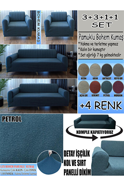 İLYEVTEKSTİLİ BOHEM PAMUKLU KUMAŞ KOLTUK KILIFI SETİ - 3+3+1+1 SET 7 KG GELME...