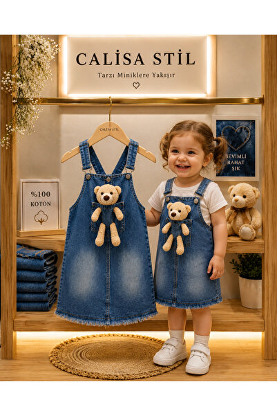 CALİSA Girl's Strappy Denim Salopet Dress with Cute Teddy Bear Detail, Casual...