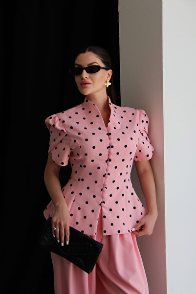 Julidress Premium Suit with Stand Collar and Button Detailing, Pink Polka Dot...