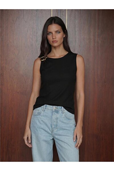 WeShaya Black Polyester Flexible Textured Crew Neck Sleeveless Straight Cut B...