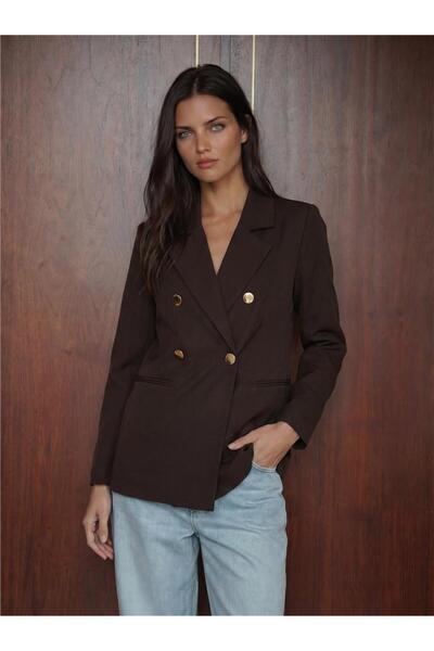 WeShaya Brown Polyester Lycra Fabric Double-Breasted Collar Button Detailed B...