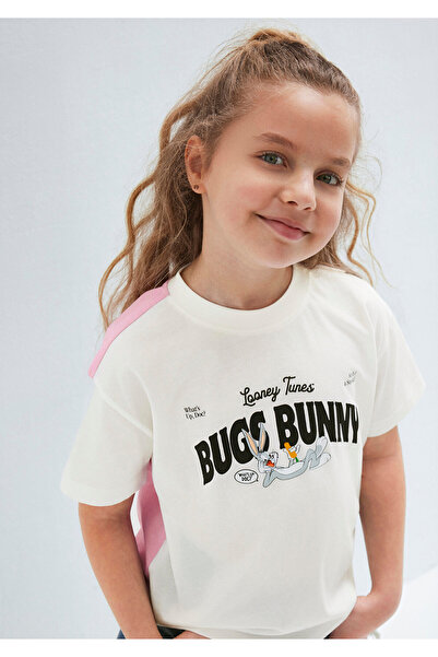 Mavi Bugs Bunny Baskılı Ekru Tişört Loose Fit / Bol Rahat Kesim 7610454-70057