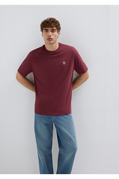 Mavi Logo-besticktes bordeauxrotes Basic-T-Shirt mit lockerer Passform / bequ...