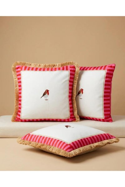 GÜLER HOME Bird Embroidered Striped Tassel Luxury Decorative Pillowcase