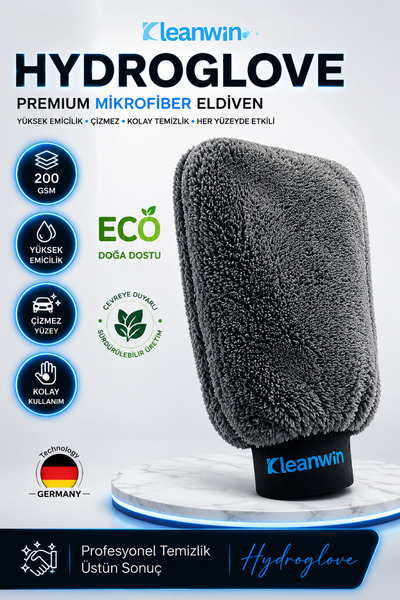 Kleanwin HydroGlove Eko Mikrofiber Oto Yıkama Eldiveni | Gri | Sünger Dolgulu