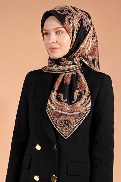 Vissona %100 Twill İpek Şal Desenli Siyah - Bordo Renkli 90x90 Eşarp Dikim Şe...