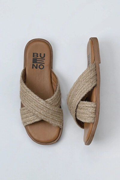 Bueno Shoes Ψάθινες δερμάτινες γυναικείες φλατ παντόφλες - Tan 01wy2018
