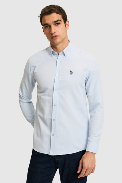 U.S. Polo Assn. Cămașă de bază cu mânecă lungă, albastru deschis, pentru bărb...