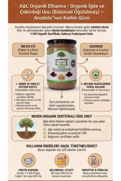 A&L ORGANİK ELHAMRA Organik Sertifikalı İğde ve Çekirdeği Unu Glütensiz Vegan...