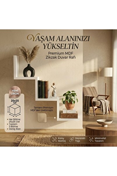ALADAĞ HOME Modern Z Tipi Duvar Rafı Beyaz Dekoratif Zigzag Raf Minimal Kitap...