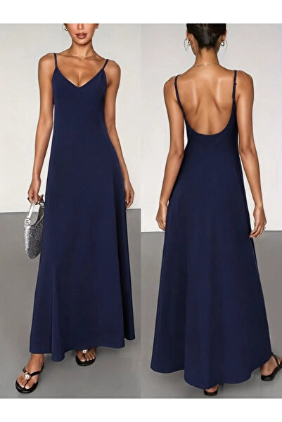 Butik Women's Rope Strap V-Neck Long Janjan Crepe Dress with Deep Back Cutout...