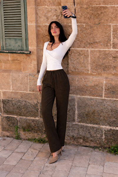 DAMGA JEANS Γυναικείο παντελόνι Jogger με ελαστική μέση, σκούρο καφέ λινό