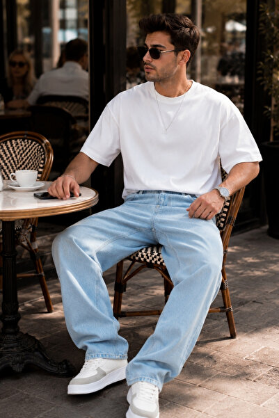CEDY DENIM Erkek Yüksek Kalite Baggy Fit Jean Yüksek Bel Bol Kesim Kot Pantolon C352-Buz-mavi
