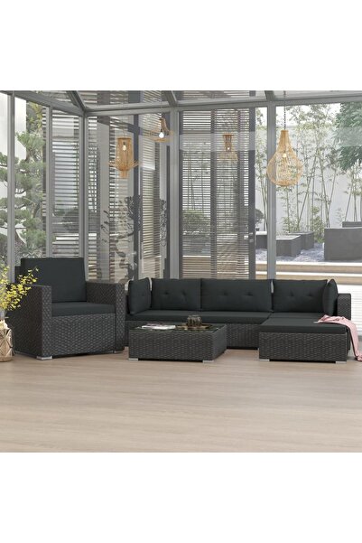 Concept Set mobilier de grădină cu perne, 6 piese, negru, poliratan