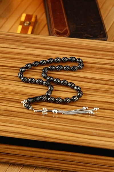 dergah tesbih Silver Inlaid Hizir Reis Oltu Stone Prayer Beads