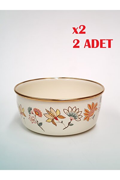 GİZEM Emaye Atlas Zırhlı Kase 16 cm 1 Litre İç/Dış Krem Renk Gold Detaylı ( 2...