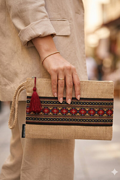 Ju Yaratıcı Tasarım Hasır Kadın Portföy & Clutch Çanta Kırmızı