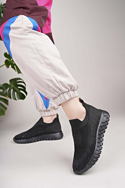 Nesil Shoes Dvm 502 Черни плетени дамски маратонки с камъни