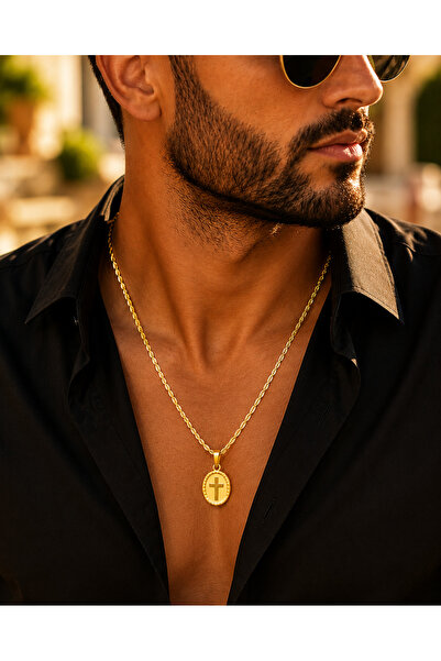 Outfitter Men's Necklace with Cross Pendant – 18K Gold Plated Stainless Steel...