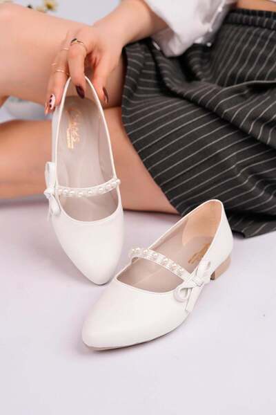 Nesil Shoes حذاء باليه نسائي من Ceylan 360 مزين باللؤلؤ الأبيض