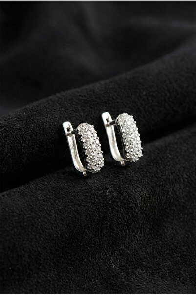 Roza Silver 925 Ayar Zirkon Taşlı Rodyum J Klips Minimal Gümüş Küpe