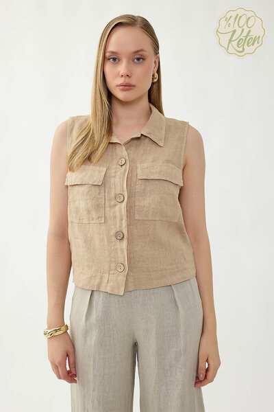 Vitrin 100% Linen Button-Down Shirt with Cover Pockets