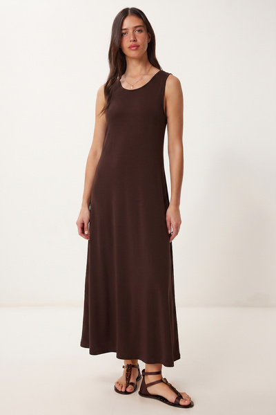 Lovelyİstanbul Cepli Yazlık Örme Elbise LRN0032 KAHVERENGİ