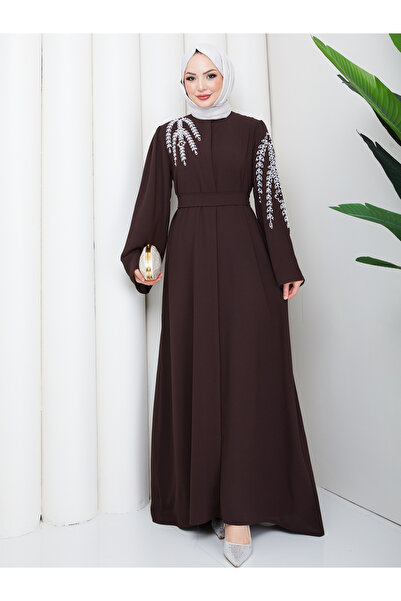 EFSUN MODA TAŞLİ ABAYA TESETTÜR GIYIM KADIN FERACE ELBISE KAHVE