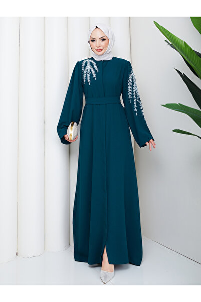 EFSUN MODA TAŞLİ ABAYA TESETTÜR GIYIM KADIN FERACE ELBISE ZÜMRÜT