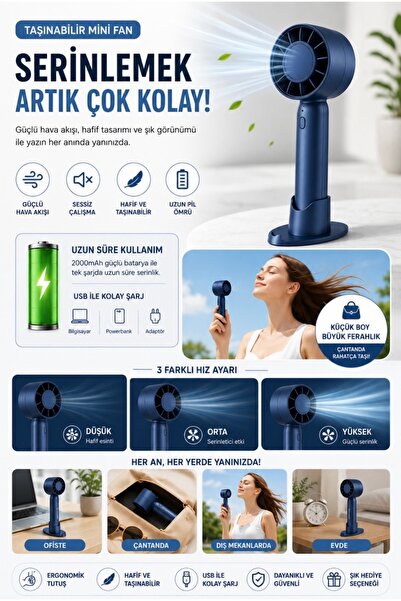 Fitzherbert Taşınabilir Mini El Fanı USB Şarjlı Sessiz Güçlü Soğutucu