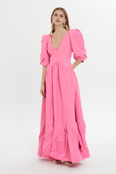 GİZİA V-Neck, Deep Chest and Back Cut-Out, Lined Long Dress